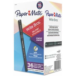 Paper Mate Write Bros. Grip Ballpoint Pen, Stick, Medium 1 Mm, Black Ink, Black Barrel, 36/Pack