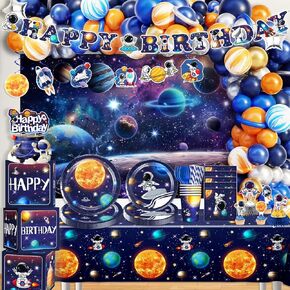 296PCS Space Themed Party Decorations, All-in-1 Party Pack, 25 Serves Disposable Tableware Set, Includes Balloon Boxes, Backdrop Tablecloth, Balloon Kit for Space Birthday Decorations