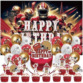32Pcs San Francisco Team Birthday Decorations,Football Party Supplies with Backdrop,Cupcake Toppers,Cake Cupcake Toppers,Balloons for Boys Girls Party Decor