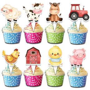 24 Pcs Baby Farm Animals Cupcake Toppers - Pastel Color Party Decorations for Kids, Baby Shower, Birthday Party Supplies