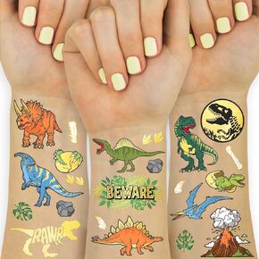 xo, Fetti Dinosaur Temporary Tattoos - Gold Foil, 44 pcs | Kids Jurassic Birthday Party Supplies, Dino Party Favor, T-Rex Fossil Decorations