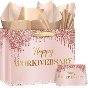 Rose Gold Happy Work Anniversary Wrap Bag for Women Large Happy Workiversary Wrapping Gift Bag with Tissue Paper and Card for Employee Office Coworker Appreciation Thank You Party Gift Bags Supplies