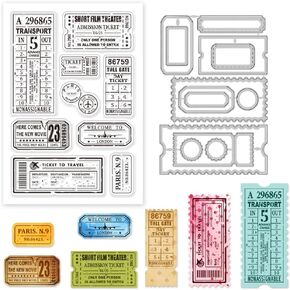 GLOBLELAND Tickets Clear Stamps Post Card Frame Cutting Dies Set Silicone Transparent Stamp Metal Die Cuts for Card Making and DIY Embossing Scrapbooking Craft Decor