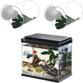 2 Pack Betta Fish Acrylic Tube Tunnel, Clear Hollow Betta Shelter Hideaway with Leaf Pad for Aquarium Decor, Fish Shrimp Hideout, Breeding Resting Bed and Feeding Ring