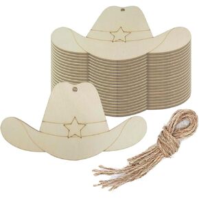 20pcs Cowboy Hat Wood DIY Crafts Cutouts Blank Wooden Cowboy Hat Shaped Hanging Ornaments Gift Tags for DIY Projects Wedding Birthday Christmas Party Decorations