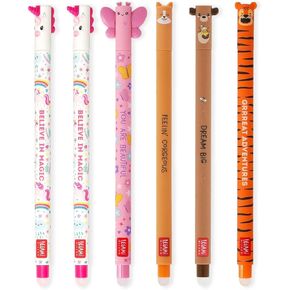 LEGAMI - Set of 6 Erasable Gel Pens with Thermosensitive Erase Ink, Range of ink colours & barrel designs, 0.7mm Tip, Unicorn, Butterfly, Corgi, Teddy Bear, Tiger Designs