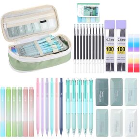 45PCS Cute Pen Case Aesthetic Office Supplies with Sticky Notes 5 Black Ink Gel Pens 10 Refills, 6 Pastel Highlighters, 6 Correction Tapes, 6 Mechanical Pencils 0.5 0.7 mm Set, 4 Eraser (Green)