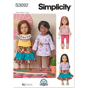 Simplicity SS3092OS Dress, Tunic, Top, and Skirt 18" Doll Clothes Sewing Pattern Packet by Carla Reiss, Design Code S3092, One Size