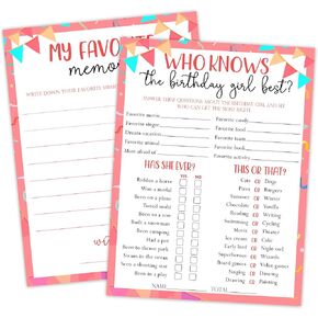 Who Knows The Birthday Girl Best & Favorite Memory - 20Pcs Birthday Double-Sided Game Cards - Golden Balloon Birthday Game Cards for Girls - Birthday,Sleepover Party & Acticities Supplies - A03