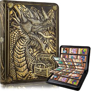9 Pocket Card Binder, Premium Zip Trading Card Binder, 360 Double Sided Pocket PU Collection Binder, Dragon Design Collector Album, Card Folder for MTG, TCG, Sports Cards (cyan copper)