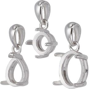 PH PandaHall 925 Sterling Silver Pendant Blanks Bezel Settings 3 Styles Round Oval Teardrop Cabochon Settings Open-Back Bezel Pendant Setting Gemstone Claw Trays for Jewellery Making 4~10mm
