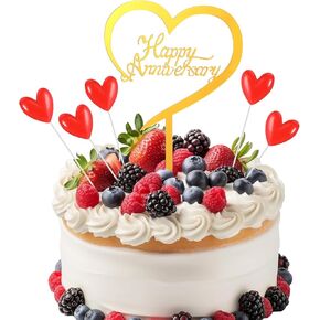 Gold Glitter Happy Birthday Cake Topper with Red Heart Happy Anniversary Cake Topper Company Anniversary Party Decoration Acrylic Cupcake Toppers Wedding Party Supplies for Women Men