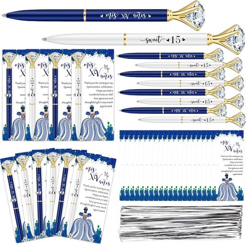 50 Set Quinceanera Party Favors for Guest Sweet 15 Diamond Pens Bulk Mis XV Años Fancy Ballpoint Pen with Thank You Cards and Ties 15th Birthday Thank You Gifts(White, Royal Blue) in Saudi Arabia