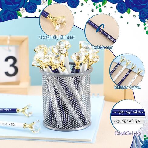 50 Set Quinceanera Party Favors for Guest Sweet 15 Diamond Pens Bulk Mis XV Años Fancy Ballpoint Pen with Thank You Cards and Ties 15th Birthday Thank You Gifts(White, Royal Blue) in Saudi Arabia