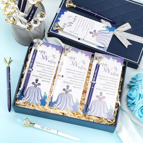 50 Set Quinceanera Party Favors for Guest Sweet 15 Diamond Pens Bulk Mis XV Años Fancy Ballpoint Pen with Thank You Cards and Ties 15th Birthday Thank You Gifts(White, Royal Blue) in Saudi Arabia