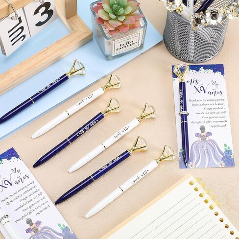 50 Set Quinceanera Party Favors for Guest Sweet 15 Diamond Pens Bulk Mis XV Años Fancy Ballpoint Pen with Thank You Cards and Ties 15th Birthday Thank You Gifts(White, Royal Blue) in Saudi Arabia