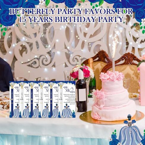 50 Set Quinceanera Party Favors for Guest Sweet 15 Diamond Pens Bulk Mis XV Años Fancy Ballpoint Pen with Thank You Cards and Ties 15th Birthday Thank You Gifts(White, Royal Blue) in Saudi Arabia