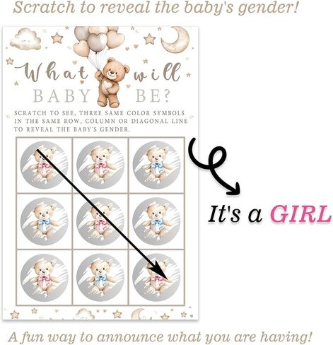 Its a Girl Bear Themed Gender Reveal Scratch Off Scratcher Lottery Tickets Cards Baby Girl Gender Announcement Cards Boy or Girl Baby Shower He or Sherry Game 25 Pack in Kuwait