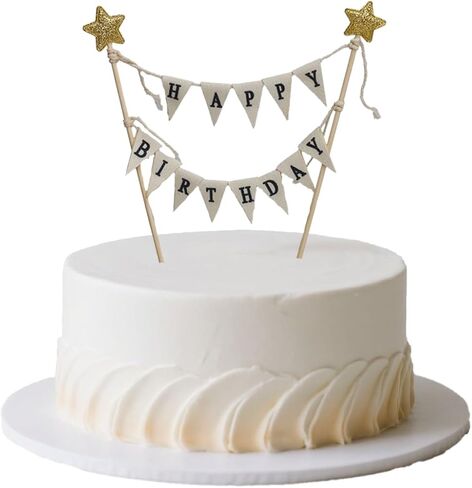 Banner Happy Birthday Cake Topper Ivory Handmade Pennant Flags Garland with Wood Pole Happy Birthday Topper for Cake Party Supplies Decorations (with Gold Star) in Saudi Arabia