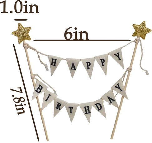 Banner Happy Birthday Cake Topper Ivory Handmade Pennant Flags Garland with Wood Pole Happy Birthday Topper for Cake Party Supplies Decorations (with Gold Star) in Saudi Arabia