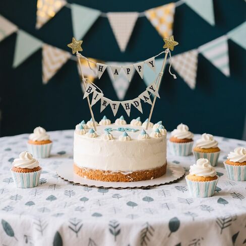 Banner Happy Birthday Cake Topper Ivory Handmade Pennant Flags Garland with Wood Pole Happy Birthday Topper for Cake Party Supplies Decorations (with Gold Star) in Saudi Arabia