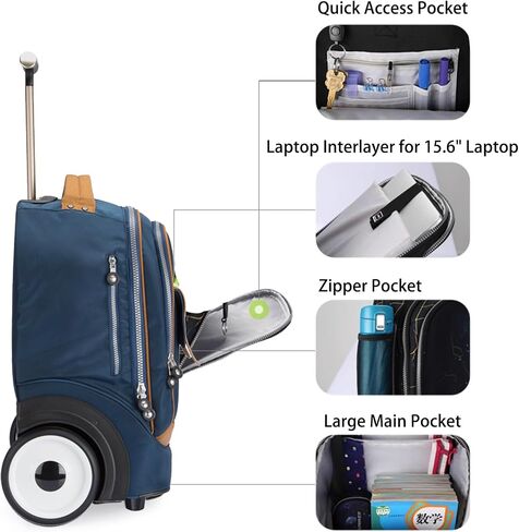 UNIKER Rolling Laptop Bag for 15.6 Inch Laptop,Roller Bag,Backpack with Wheels,20 Inch Wheeled Computer Bag,T5- Blue in Saudi Arabia