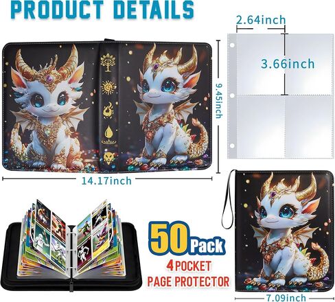 Card Binder 4 Pocket with 50 Removable Sleeves, 400 Cards Storage Holder for Game Cards, TCG, Sports Cards, Trading Card Binder Collection Gifts for Boys and Girls, Dragon Design Card Binder Album in Kuwait