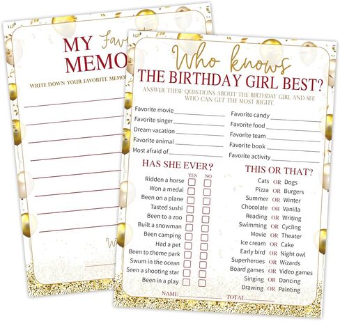 Who Knows The Birthday Girl Best & Favorite Memory - 20Pcs Birthday Double-Sided Game Cards - Golden Balloon Birthday Game Cards for Girls - Birthday,Sleepover Party & Acticities Supplies - A03 in Saudi Arabia