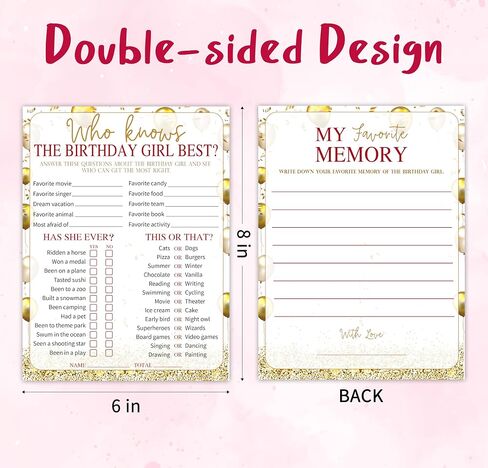 Who Knows The Birthday Girl Best & Favorite Memory - 20Pcs Birthday Double-Sided Game Cards - Golden Balloon Birthday Game Cards for Girls - Birthday,Sleepover Party & Acticities Supplies - A03 in Saudi Arabia