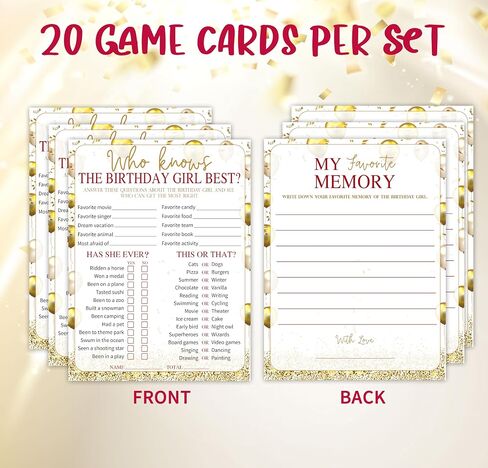 Who Knows The Birthday Girl Best & Favorite Memory - 20Pcs Birthday Double-Sided Game Cards - Golden Balloon Birthday Game Cards for Girls - Birthday,Sleepover Party & Acticities Supplies - A03 in Saudi Arabia