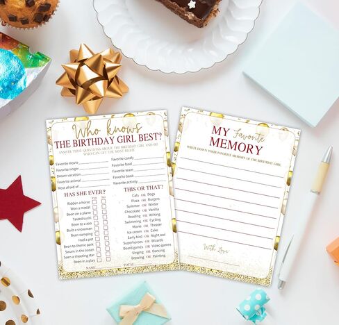 Who Knows The Birthday Girl Best & Favorite Memory - 20Pcs Birthday Double-Sided Game Cards - Golden Balloon Birthday Game Cards for Girls - Birthday,Sleepover Party & Acticities Supplies - A03 in Saudi Arabia