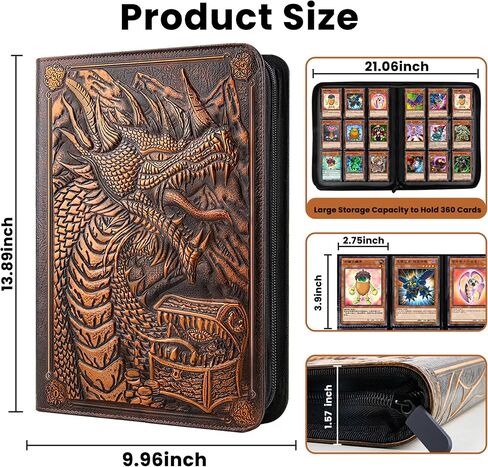 9 Pocket Card Binder, Premium Zip Trading Card Binder, 360 Double Sided Pocket PU Collection Binder, Dragon Design Collector Album, Card Folder for MTG, TCG, Sports Cards (cyan copper) in Kuwait