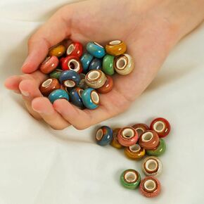 Decoendiy 60Pcs Large Hole Ceramic European Beads - Flat Round Shaped Spacers, Handmade Polished Porcelain for DIY Necklaces Bracelets Crafts Supplies