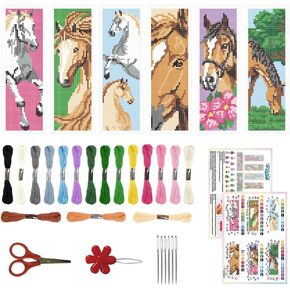 ORIGACH 6 Set Horse Cross Stitch Bookmark Kit for Beginner with Backing Felt Floss Instructions DIY Stamped Embroidery Bookmark Kit for Adults, Book Lovers