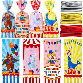 Hotop 100 Pcs Carnival Circus Cellophane Bags Carnival Goodie Bags Circus Popcorn Bag with 150 Ties Treat Candy Snack Gift Birthday Party Favor Decoration Movie Night Event Supplies