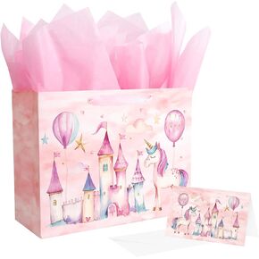 Linelglobal Unicorn Gift Bag with Tissue Paper for Girl Birthday Pink Castle 12.6"