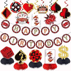 LARRAZABAL Casino Theme Party Decorations, Poker Party Decorations Include Happy Birthday Banner Hanging Swirls and Honeycomb Centerpiece Casino Poker Theme Birthday Party Supplies
