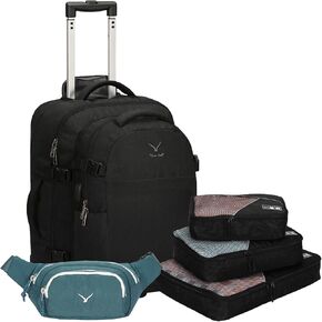 Hynes Eagle 2 in 1 Travel Backpack 22 inches Carry on Luggage 63L Rolling Backpack for Men Women with Packing Cubes 3PCS Set Black Waist Pack Green