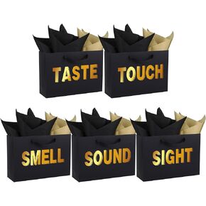 STOBOCTER 5 Senses Gift Bags for Him Her Five Senses Gift Bags with Handles Tissue Paper Gift Wrappings for Valentine Wedding Anniversary Birthday Graduation Mothers Day(Navy Blue, 12.6''x8.8''x4'')