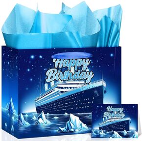 Nautical Birthday Gift Bag Blue Cruise Ship Wrapping Paper Bag with Greeting Card Tissue Paper Classic Movie Treat Party Favors Bag for Ocean Anchor Nautical Theme Bday Baby Shower Party Supplies