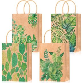 HOWAF 12pcs Summer Tropical Palm Leaves Gift Bags, Tropical Leaf Candy Goody Bag for Hawaii Summer Aloha Tiki Luau Supplies, Green Monstera Leaf Paper Bags for Baby Shower Bachelorette Party