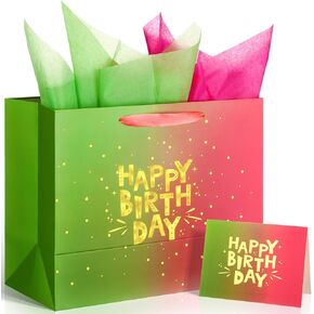 Kolldenn Pink and Green Birthday Gift Bag Large Happy Birthday Goodie Wrapping Bag with Tissue Paper Greeting Card Pink Green Witch Party Decorations for Women Candy Box Baby Shower Presents