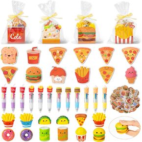 CY2SIDE 12 Pack Fast Food Slow Rising Squishy Toys with Gift Box Party Favors for Kids, Junk Food Stationery Party Gift Set Include 4-in-1 Ballpoint Pen Sticky Note Sticker for Kids Goodies Bag Filler