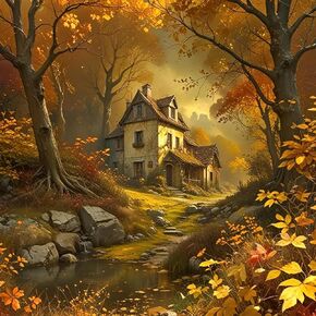 Autumn Leaf House Tree Diamond Painting Kits for Adults, 5D Diamond Art Kits for Adults Beginners, DIY Full Round Drill Diamond Dot Painting Gem Art Kits for Adult, Home Wall Decor 13.8x13.8 Inch