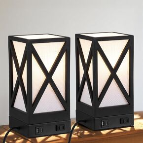 Table Lamp, Set of 2 Rustic Farmhouse Nightstand Lamps, 3 Color Temperatures Desk Lamp with USB Charging Ports AC Outlet Vintage Lamp for Living Room Bed Room, Black