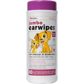 Petkin Jumbo Pet Ear Wipes, 80 Extra Moist Wipes, 2 Pack -Soothing & Deodorizing Pet Ear Cleaner to Remove Dirt, Odor, & Wax-Safe, Convenient, & Easy to Use Pet Wipes for Dogs, Cats, Puppies & Kittens