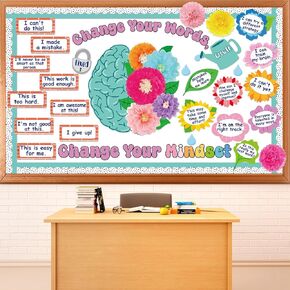 Growth Mindset Bulletin Board Set Change Your Mindset Bulletin Board Colorful Floral Brain Cutouts with 3D Tissue Paper Pompoms Positive Sayings Posters Decor for Back to School Teacher Supplies