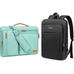 MOSISO 360 Protective Laptop Shoulder Bag,15-15.6 inch Computer Bags,Side Open Messenger Bag with 4 Zipper Pockets&15.6 inch Laptop Backpack,Casual Daypack with Luggage Strap, Aqua Green&Black