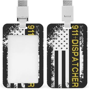 911 Dispatcher Thin Gold Line Flag Funny Vertical ID Badge Holder with Lanyard Printed for Men Women Office