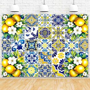 Blue Yellow Lemon Backdrop Birthday Party Decorations Summer Italian Blue Tiles Lemon Themed Party Decor for Baby Shower Bridal Shower Photography Background Wall Banner 5x3ft